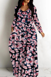Coffee Casual Leopard Print Basic V Neck Long Dresses