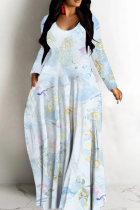 Baby Blue Casual Print Basic V Neck Long Dresses