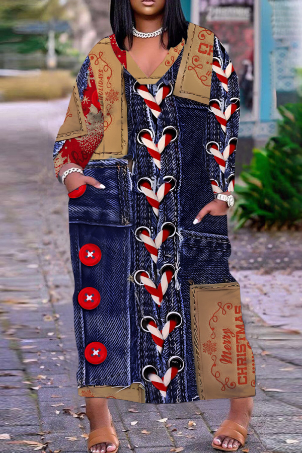 Dark Blue Casual Faux Denim Print Pocket V Neck Long Plus Size Dresses