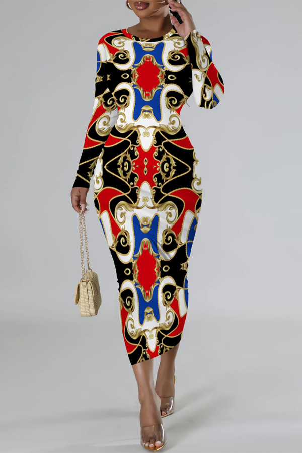 Red Blue Casual Street Chain print Contrast O Neck Printed Dresses