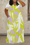Fluorescent Yellow Casual Street Floral Print Pocket Contrast V Neck Printed Plus Size Dresses