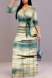 Green Casual Tie Dye Print Lace Up Contrast V Neck Printed Dresses