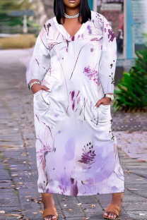 Light Purple Casual Print Pocket V Neck Long Plus Size Dresses