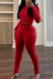 Red Casual Solid Color Basic O Neck Long Sleeve Two Pieces