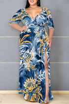 Blue Sexy Floral Print Lace Up Slit Contrast V Neck Printed Plus Size Dresses