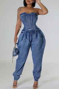 Deep Blue Casual Solid Color Pocket Patchwork Backless Strapless Loose Denim Jumpsuits
