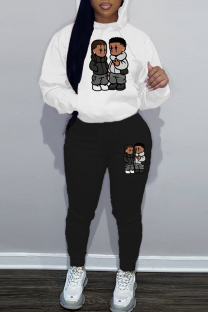 White Black Casual Print Pocket Patchwork Hooded Long Sleeve Two Pieces