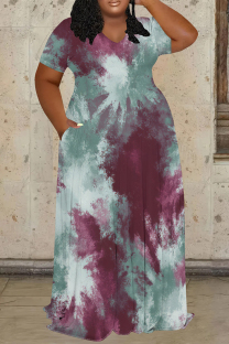 Cyan Casual Print Patchwork O Neck Long Plus Size Dresses