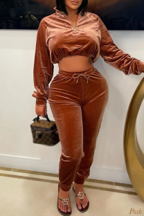 Light Brown Casual Solid Color Patchwork Zipper Zipper Collar Long Sleeve Two Pieces