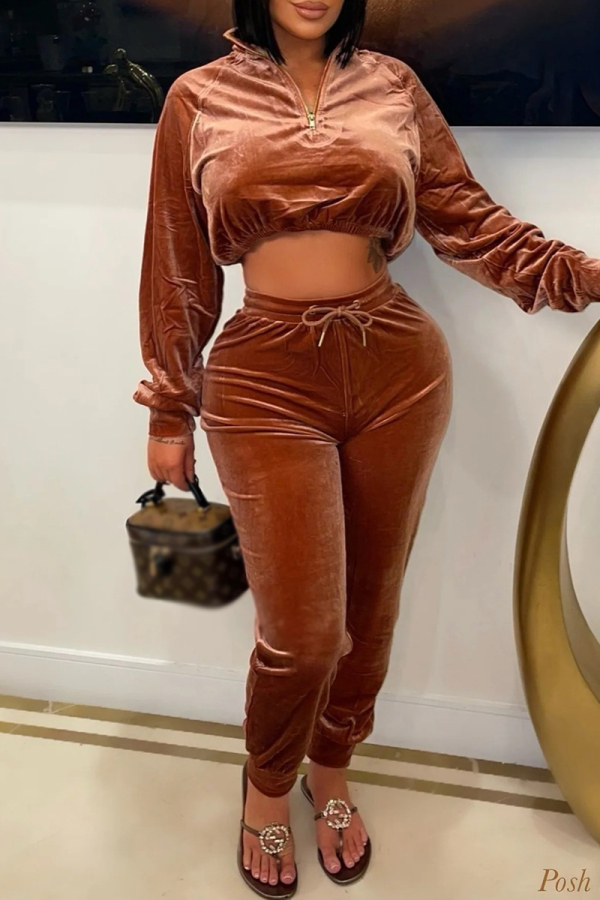 Light Brown Casual Solid Color Patchwork Zipper Zipper Collar Long Sleeve Two Pieces