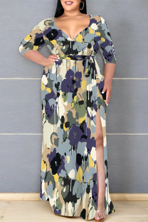 Multicolor Sexy Floral Print Lace Up Slit Contrast V Neck Printed Plus Size Dresses
