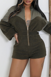 Ink Green Casual Solid Color Patchwork Zipper Zipper Collar Regular Rompers