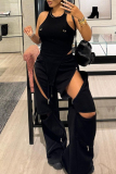 Black Casual Solid Color Patchwork Zipper Loose Mid Waist Patchwork Bottoms