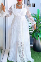 White Elegant Solid Color Patchwork See-Through With Belt V Neck Plus Size Two Pieces