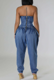 Deep Blue Casual Solid Color Pocket Patchwork Backless Strapless Loose Denim Jumpsuits