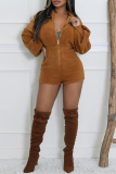 Brown Casual Solid Color Patchwork Zipper Zipper Collar Regular Rompers