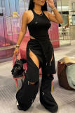 Black Casual Solid Color Patchwork Zipper Loose Mid Waist Patchwork Bottoms