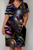 Black Casual Street Figure Print Pocket Contrast V Neck Printed Plus Size Dresses