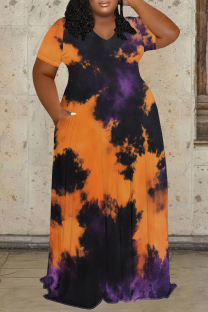 Orange Black Casual Print Patchwork O Neck Long Plus Size Dresses