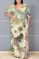Beige Sexy Floral Print Lace Up Slit Contrast V Neck Printed Plus Size Dresses