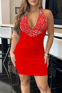 Red Sexy Solid Color Patchwork Backless Hot Drill Deep V Neck Wrapped Skirt Dresses