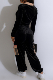 Black Casual Print Pocket Patchwork V Neck Long Sleeve Two Pieces