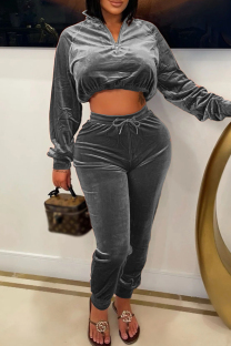 Grey Casual Solid Color Patchwork Zipper Zipper Collar Long Sleeve Two Pieces