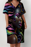 Black Casual Street Figure Print Pocket Contrast V Neck Printed Plus Size Dresses