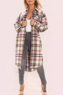 Brown Casual Plaid Buckle Patchwork Turndown Collar Outerwear