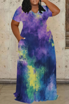 Purple Casual Print Patchwork O Neck Long Plus Size Dresses
