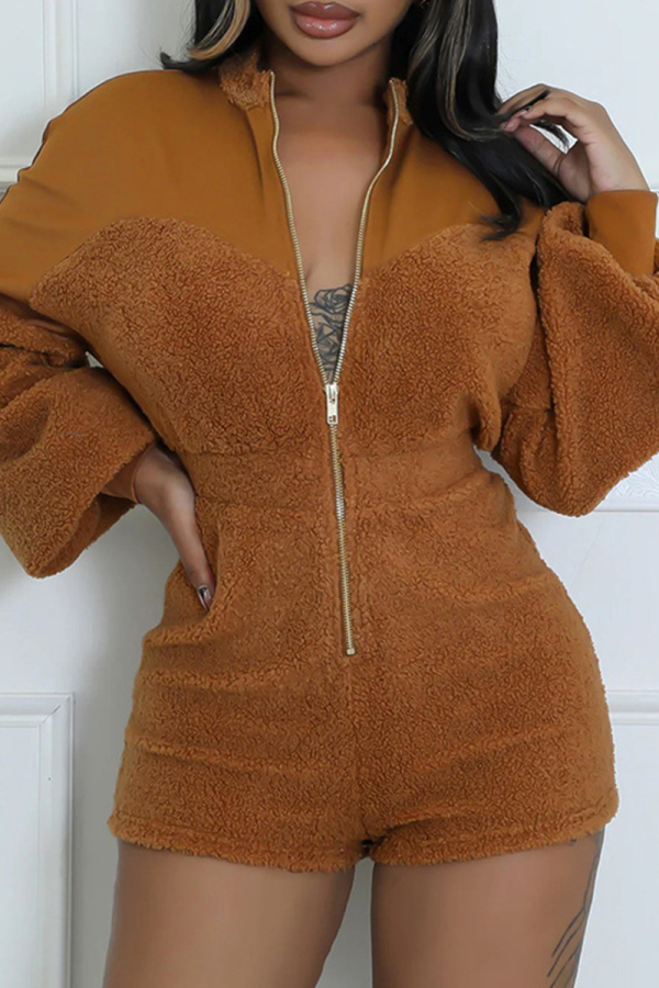 Brown Casual Solid Color Patchwork Zipper Zipper Collar Regular Rompers