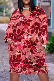 Red Casual Street Plaid Pocket Contrast V Neck Printed Plus Size Dresses