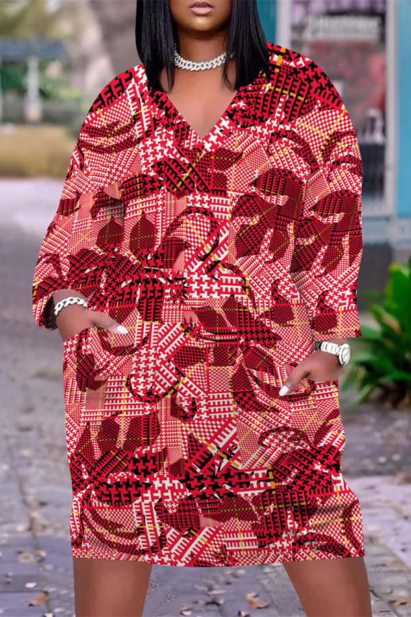 Red Casual Street Plaid Pocket Contrast V Neck Printed Plus Size Dresses