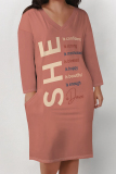White Black Casual Street Letter Print Pocket Contrast V Neck Printed Plus Size Dresses