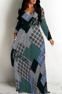 Multicolor Casual Vacation Colorblock Plaid Ombre Print Pocket Contrast V Neck Printed Dresses