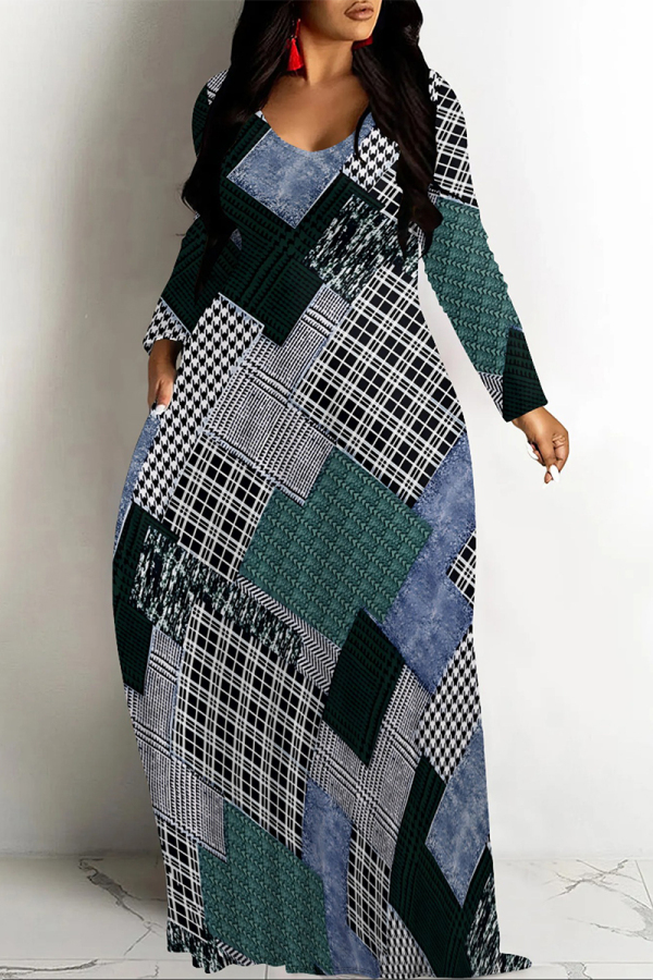 Multicolor Casual Vacation Colorblock Plaid Ombre Print Pocket Contrast V Neck Printed Dresses