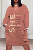 White Black Casual Street Letter Print Pocket Contrast V Neck Printed Plus Size Dresses