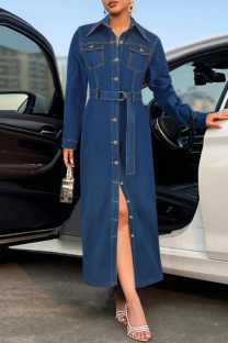 Deep Blue Casual Solid Color Buttons With Belt Turndown Collar Long Sleeve Regular Denim Dresses
