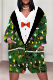 Green Casual Street Santa Claus Christmas Tree Print Pocket Contrast V Neck Printed Plus Size Dresses