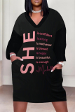 White Black Casual Street Letter Print Pocket Contrast V Neck Printed Plus Size Dresses