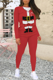 Red Black Casual Street Santa Claus Print Letters O Neck Long Sleeve Two Pieces