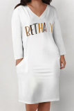 White Black Casual Street Letter Print Pocket Contrast V Neck Printed Plus Size Dresses