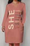 White Black Casual Street Letter Print Pocket Contrast V Neck Printed Plus Size Dresses