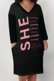 White Black Casual Street Letter Print Pocket Contrast V Neck Printed Plus Size Dresses
