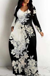 Black And White Casual Street Floral Print Pocket Contrast V Neck Printed Dresses