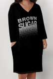 White Black Casual Street Letter Print Pocket Contrast V Neck Printed Plus Size Dresses