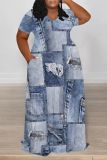 Blue Coffee Casual Street Faux Denim Print Pocket Contrast V Neck Printed Plus Size Dresses
