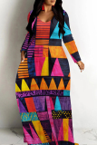 Orange Red Casual Print Patchwork O Neck Long Dresses