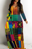 Orange Red Casual Print Patchwork O Neck Long Dresses