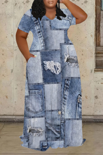 Medium Blue Casual Street Faux Denim Print Pocket Contrast V Neck Printed Plus Size Dresses
